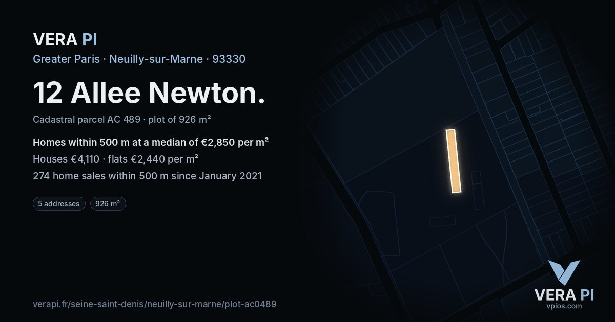 12 Allee Newton, Neuilly-sur-Marne at night – the plot lit, the parcels around coloured by the prices near them