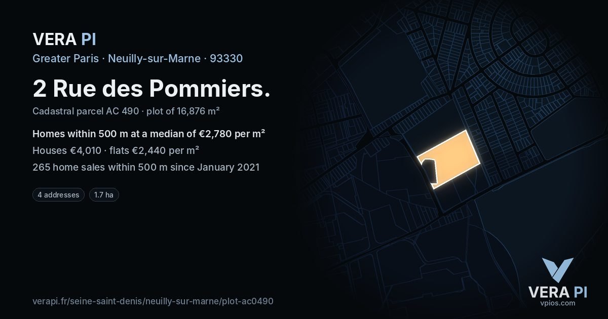 2 Rue des Pommiers, Neuilly-sur-Marne at night – the plot lit, the parcels around coloured by the prices near them
