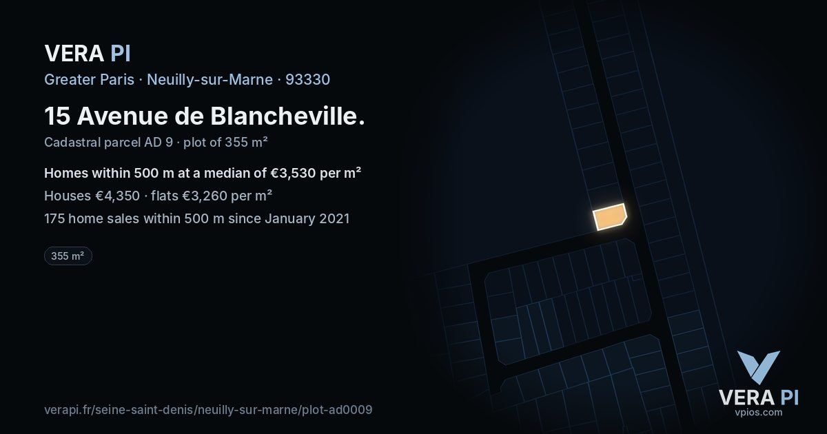 15 Avenue de Blancheville, Neuilly-sur-Marne at night – the plot lit, the parcels around coloured by the prices near them
