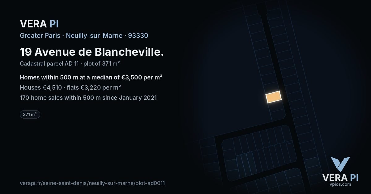 19 Avenue de Blancheville, Neuilly-sur-Marne at night – the plot lit, the parcels around coloured by the prices near them