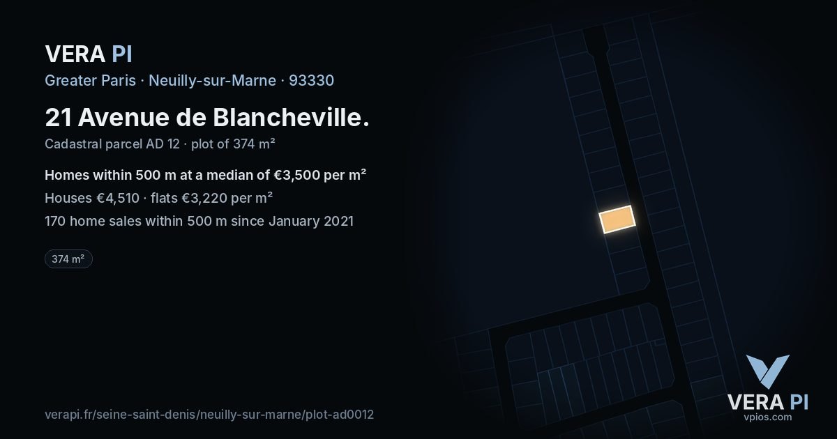 21 Avenue de Blancheville, Neuilly-sur-Marne at night – the plot lit, the parcels around coloured by the prices near them