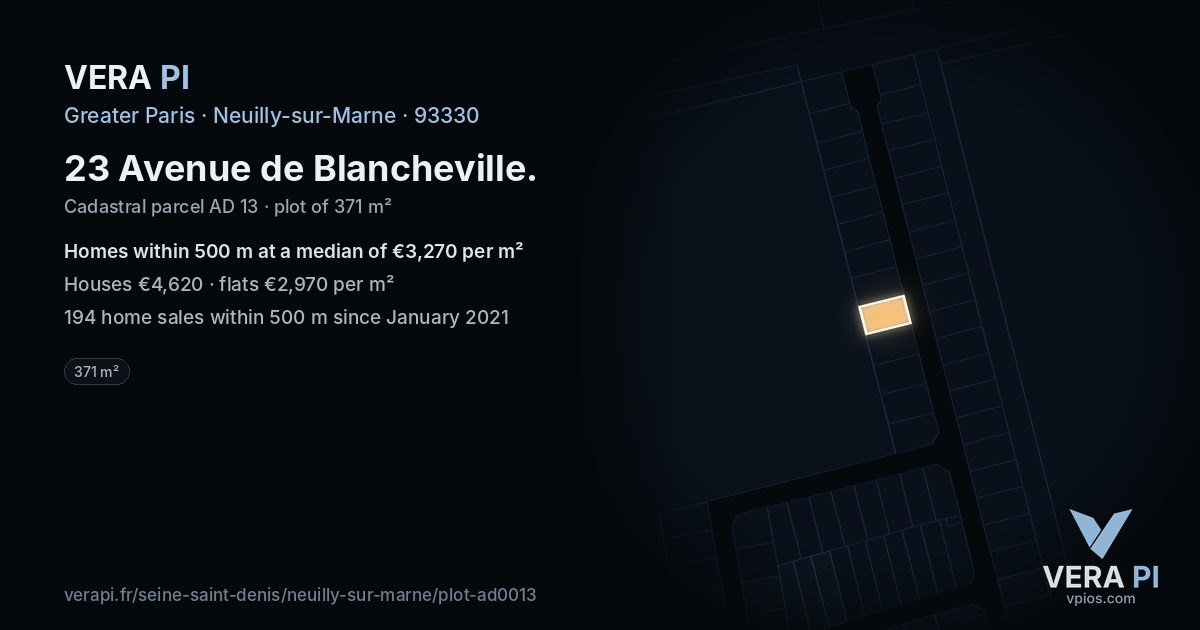 23 Avenue de Blancheville, Neuilly-sur-Marne at night – the plot lit, the parcels around coloured by the prices near them