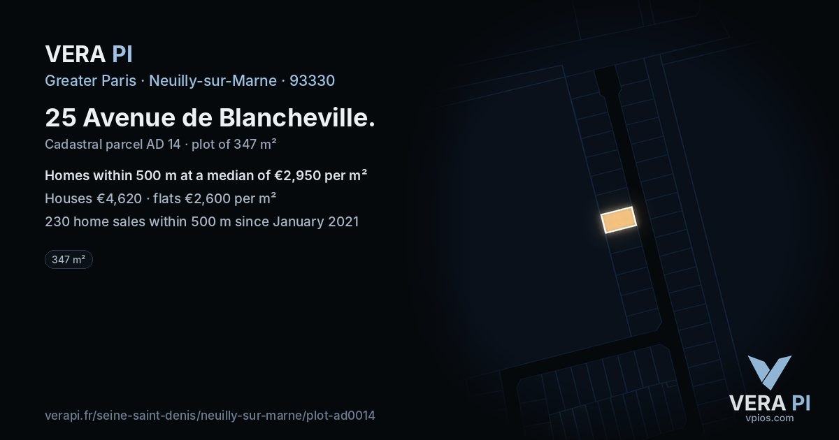 25 Avenue de Blancheville, Neuilly-sur-Marne at night – the plot lit, the parcels around coloured by the prices near them
