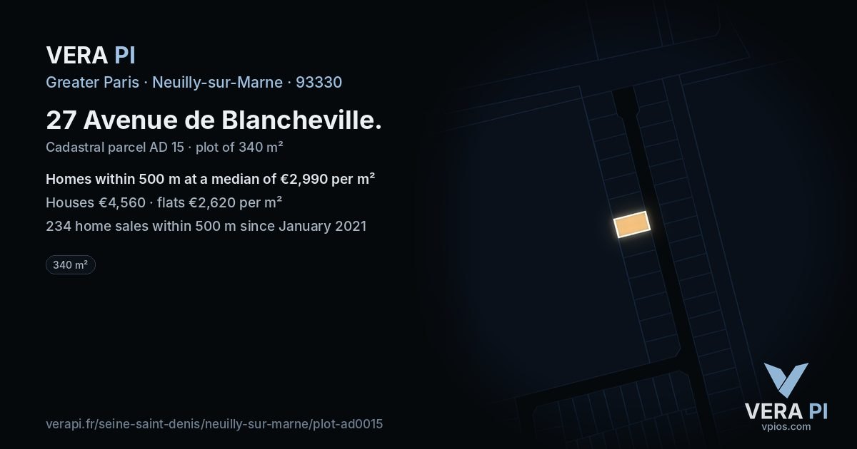 27 Avenue de Blancheville, Neuilly-sur-Marne at night – the plot lit, the parcels around coloured by the prices near them