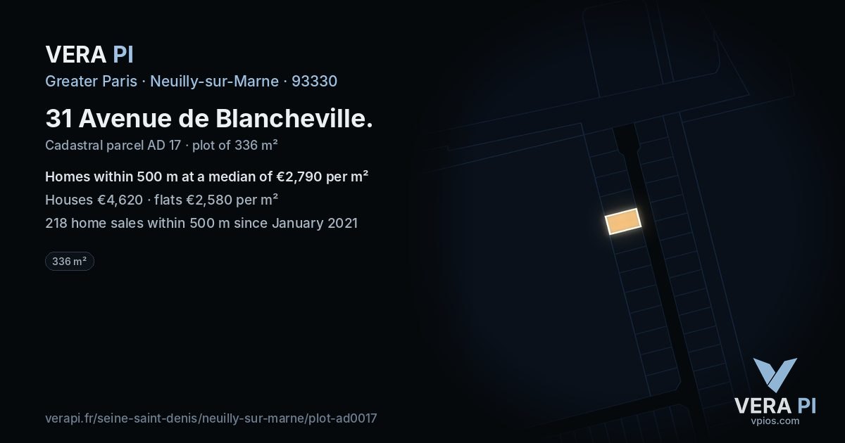 31 Avenue de Blancheville, Neuilly-sur-Marne at night – the plot lit, the parcels around coloured by the prices near them