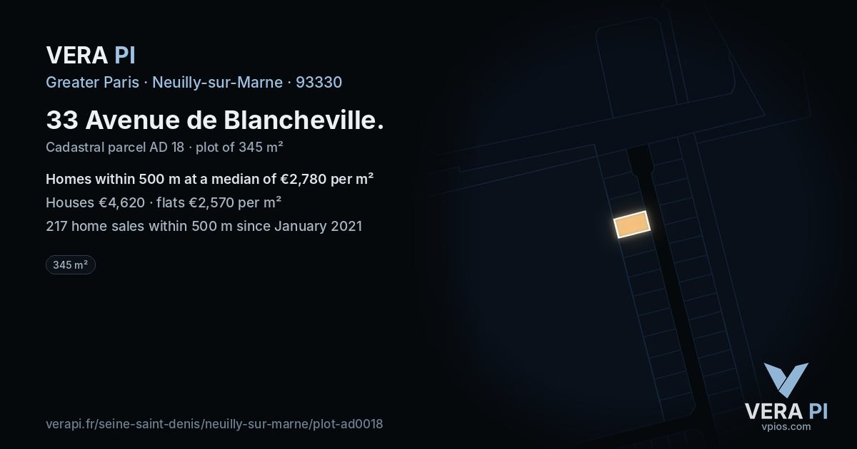 33 Avenue de Blancheville, Neuilly-sur-Marne at night – the plot lit, the parcels around coloured by the prices near them