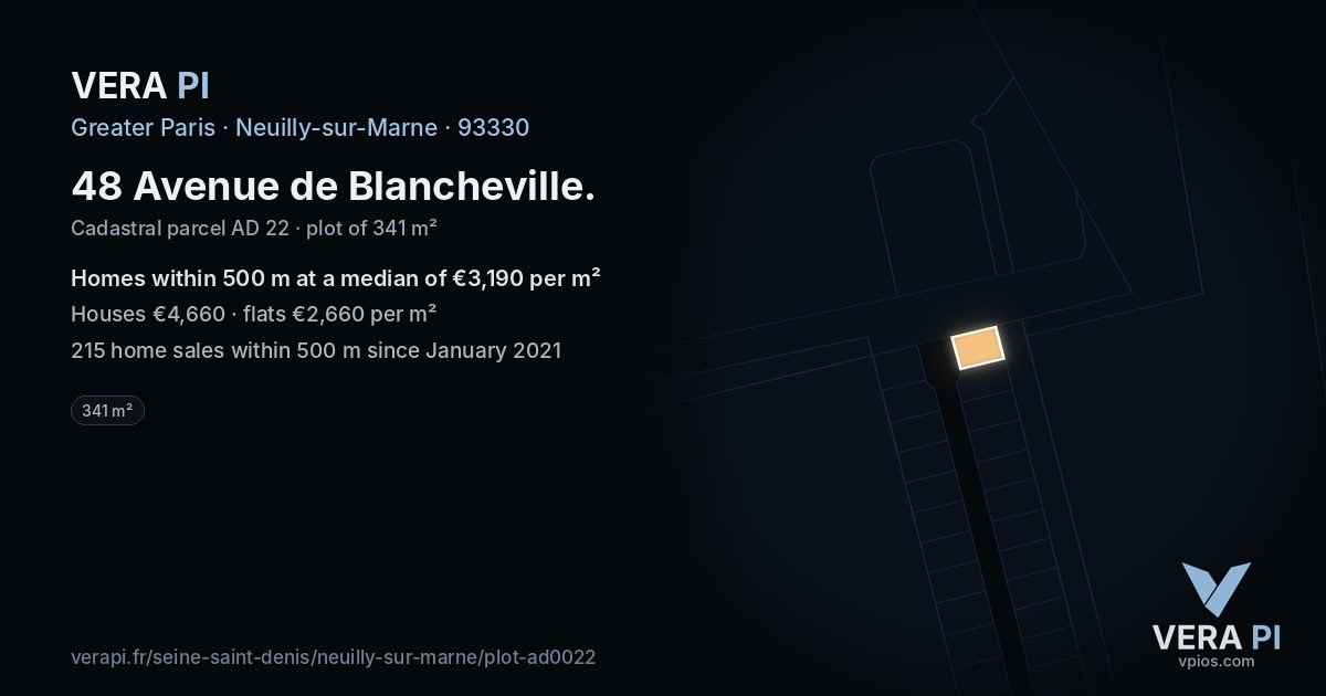48 Avenue de Blancheville, Neuilly-sur-Marne at night – the plot lit, the parcels around coloured by the prices near them