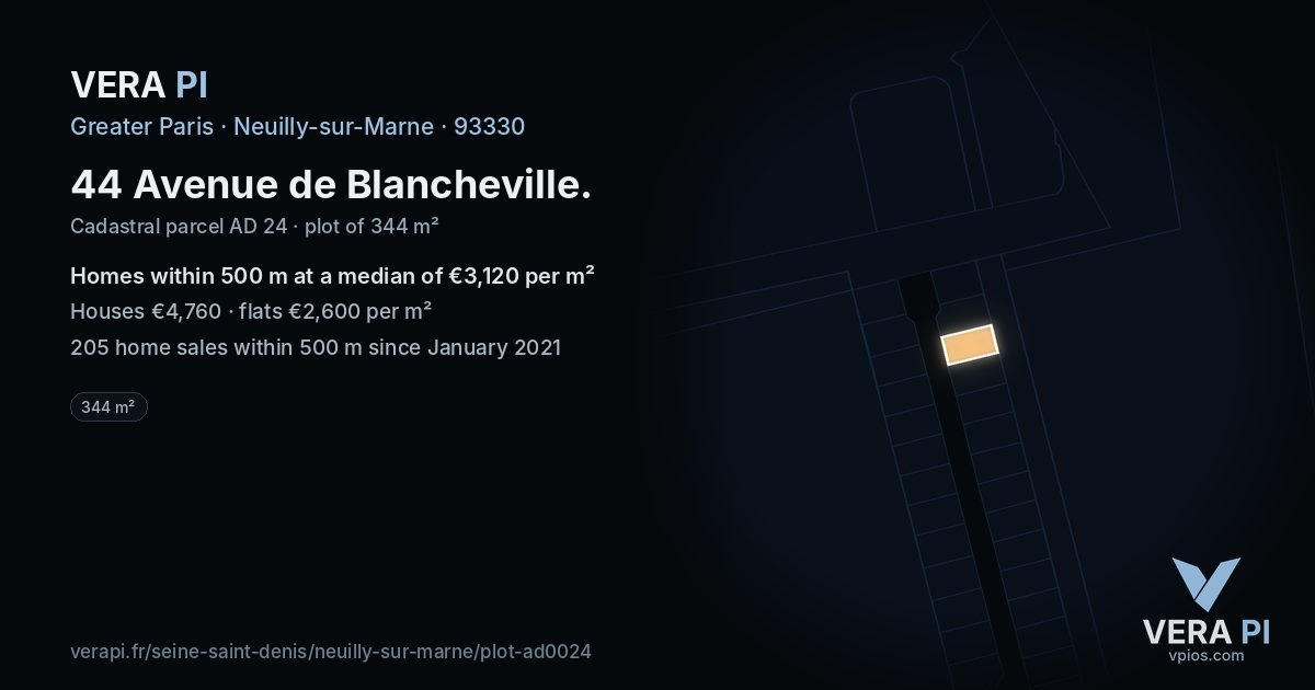 44 Avenue de Blancheville, Neuilly-sur-Marne at night – the plot lit, the parcels around coloured by the prices near them