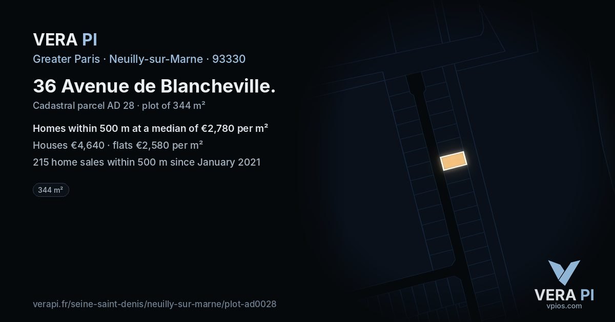 36 Avenue de Blancheville, Neuilly-sur-Marne at night – the plot lit, the parcels around coloured by the prices near them