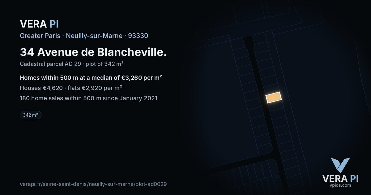 34 Avenue de Blancheville, Neuilly-sur-Marne at night – the plot lit, the parcels around coloured by the prices near them