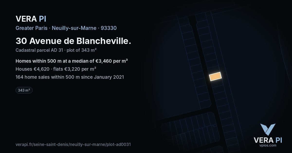 30 Avenue de Blancheville, Neuilly-sur-Marne at night – the plot lit, the parcels around coloured by the prices near them