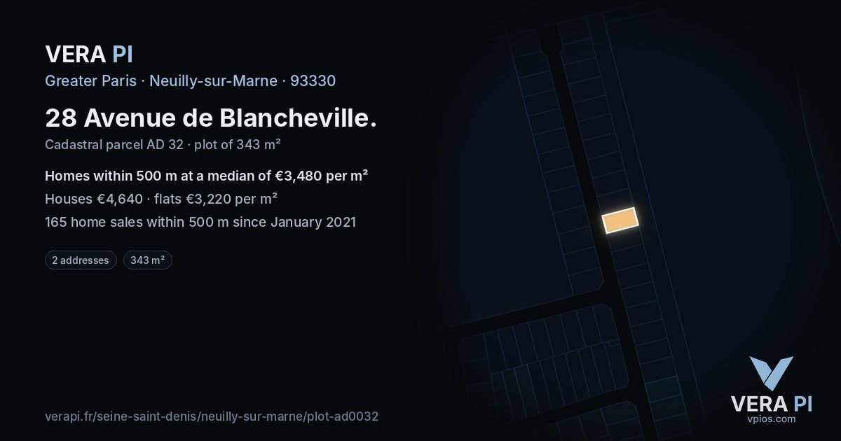 28 Avenue de Blancheville, Neuilly-sur-Marne at night – the plot lit, the parcels around coloured by the prices near them