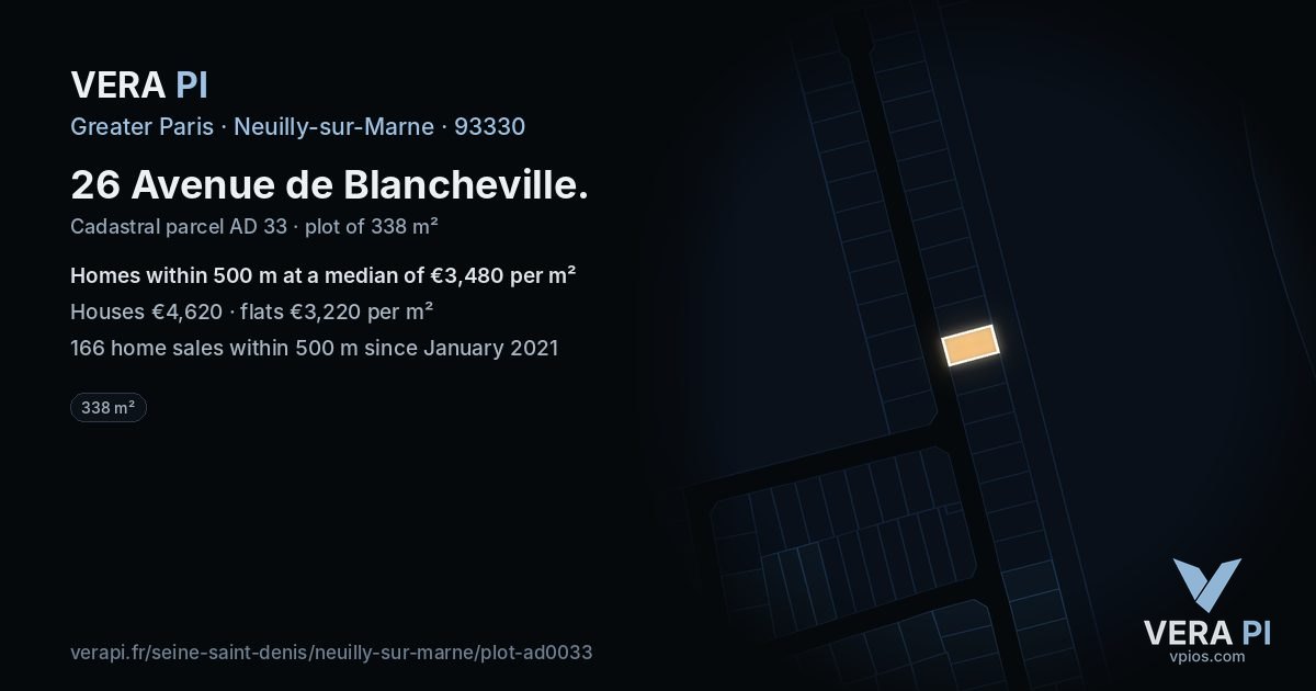 26 Avenue de Blancheville, Neuilly-sur-Marne at night – the plot lit, the parcels around coloured by the prices near them