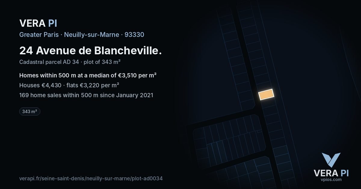 24 Avenue de Blancheville, Neuilly-sur-Marne at night – the plot lit, the parcels around coloured by the prices near them