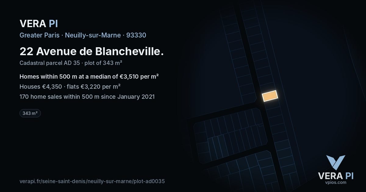 22 Avenue de Blancheville, Neuilly-sur-Marne at night – the plot lit, the parcels around coloured by the prices near them