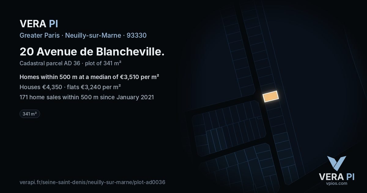 20 Avenue de Blancheville, Neuilly-sur-Marne at night – the plot lit, the parcels around coloured by the prices near them