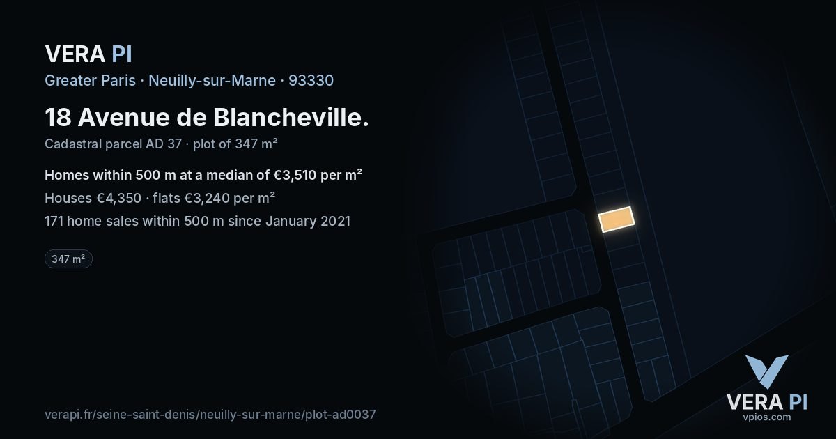 18 Avenue de Blancheville, Neuilly-sur-Marne at night – the plot lit, the parcels around coloured by the prices near them