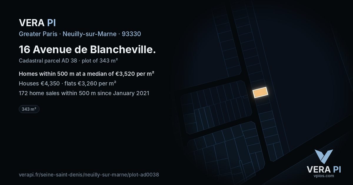 16 Avenue de Blancheville, Neuilly-sur-Marne at night – the plot lit, the parcels around coloured by the prices near them