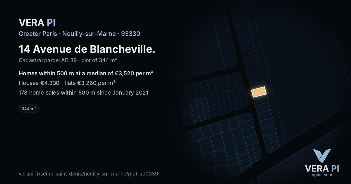 14 Avenue de Blancheville, Neuilly-sur-Marne at night – the plot lit, the parcels around coloured by the prices near them