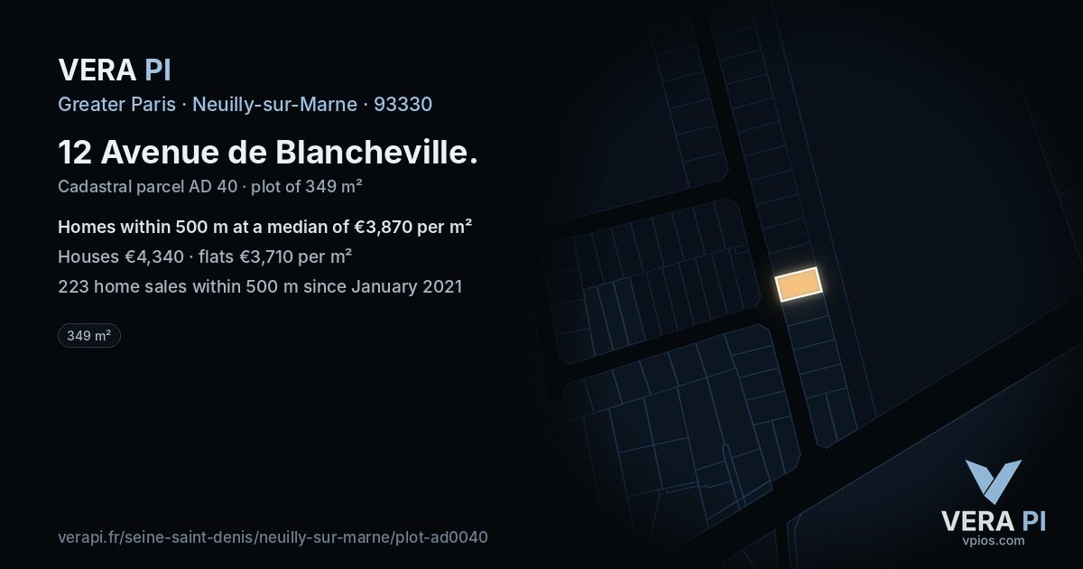 12 Avenue de Blancheville, Neuilly-sur-Marne at night – the plot lit, the parcels around coloured by the prices near them