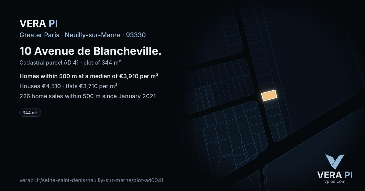 10 Avenue de Blancheville, Neuilly-sur-Marne at night – the plot lit, the parcels around coloured by the prices near them