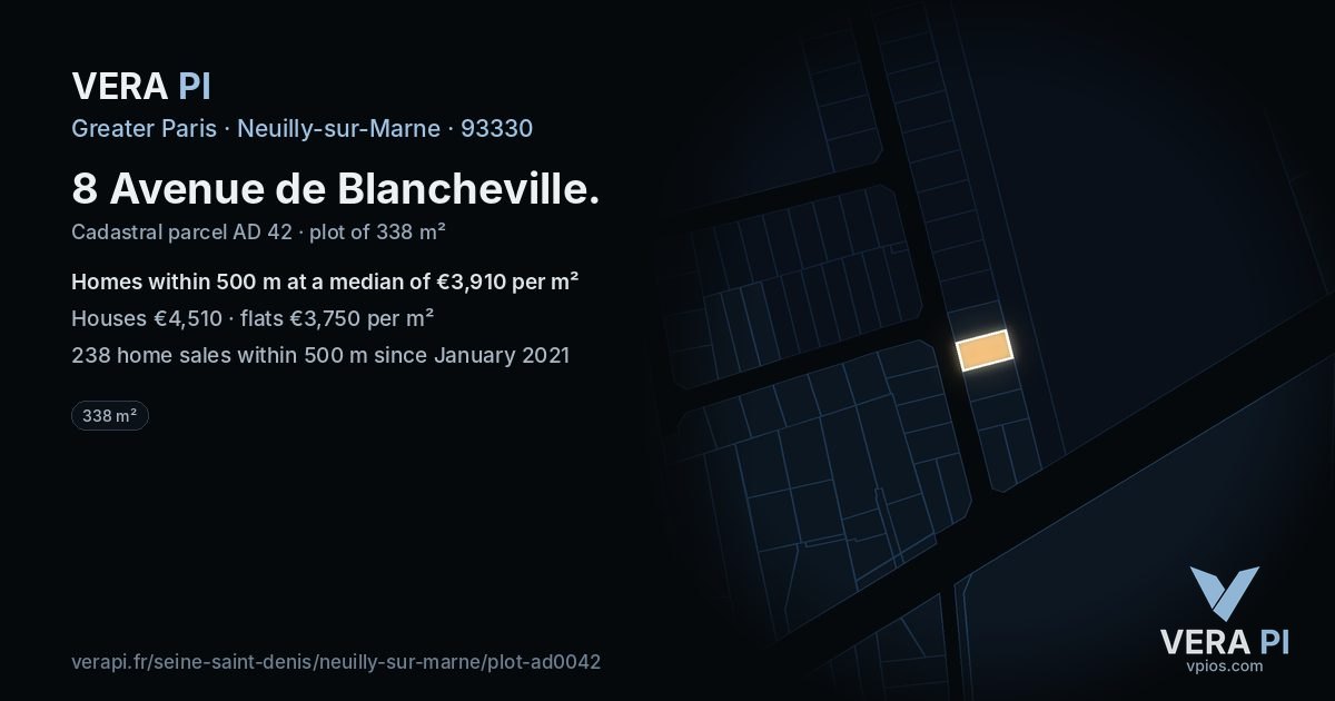 8 Avenue de Blancheville, Neuilly-sur-Marne at night – the plot lit, the parcels around coloured by the prices near them