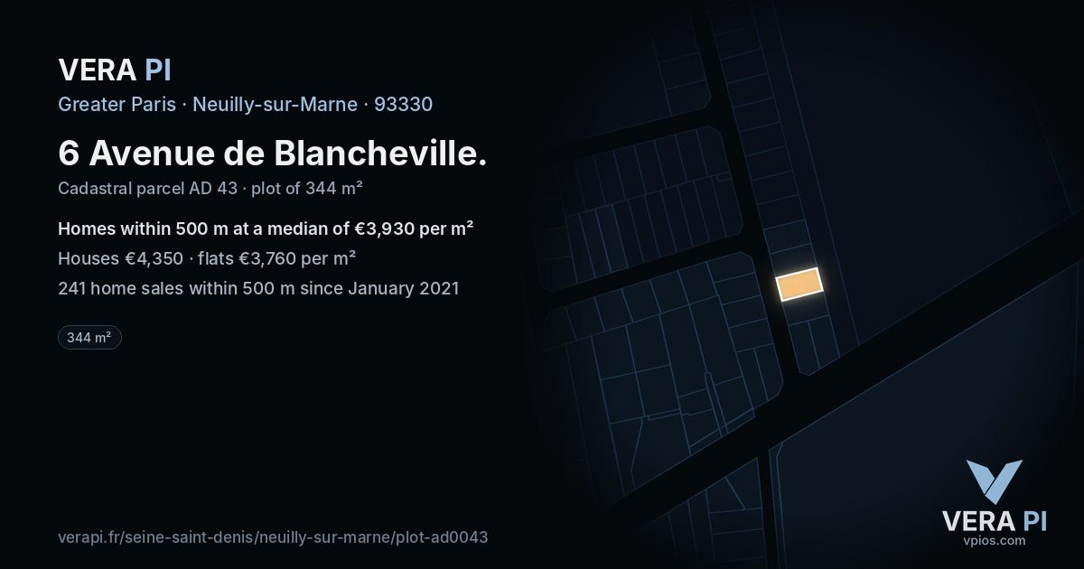 6 Avenue de Blancheville, Neuilly-sur-Marne at night – the plot lit, the parcels around coloured by the prices near them