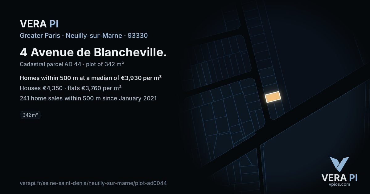 4 Avenue de Blancheville, Neuilly-sur-Marne at night – the plot lit, the parcels around coloured by the prices near them
