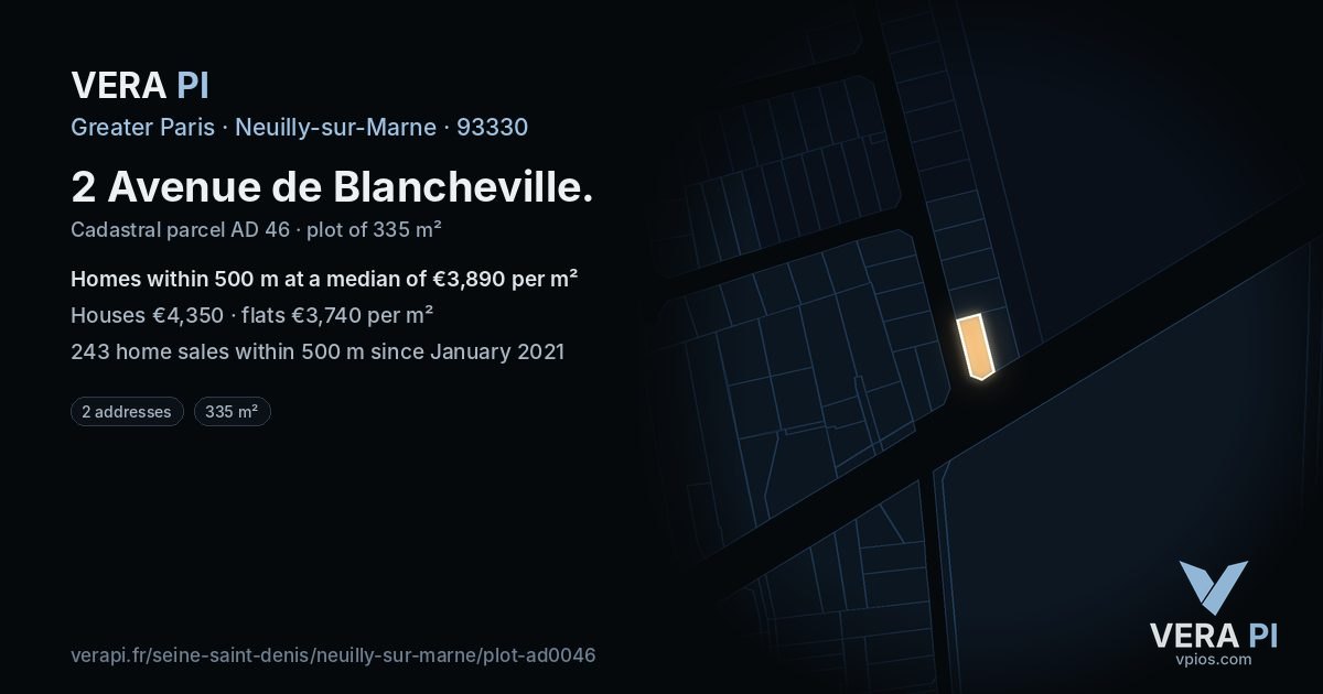 2 Avenue de Blancheville, Neuilly-sur-Marne at night – the plot lit, the parcels around coloured by the prices near them