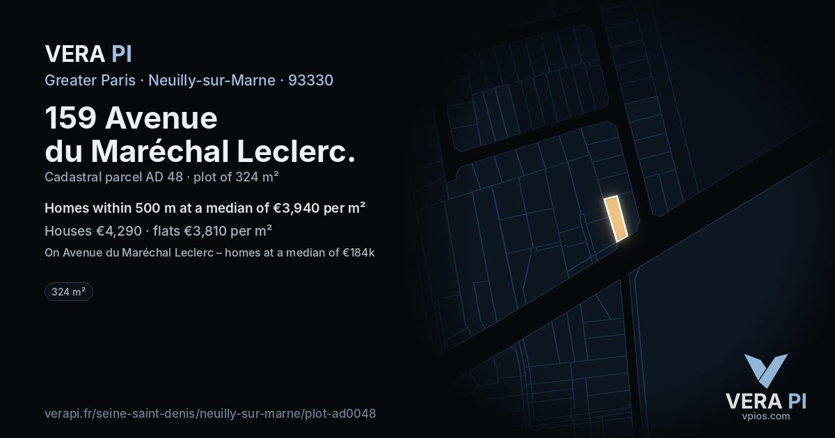 159 Avenue du Maréchal Leclerc, Neuilly-sur-Marne at night – the plot lit, the parcels around coloured by the prices near them