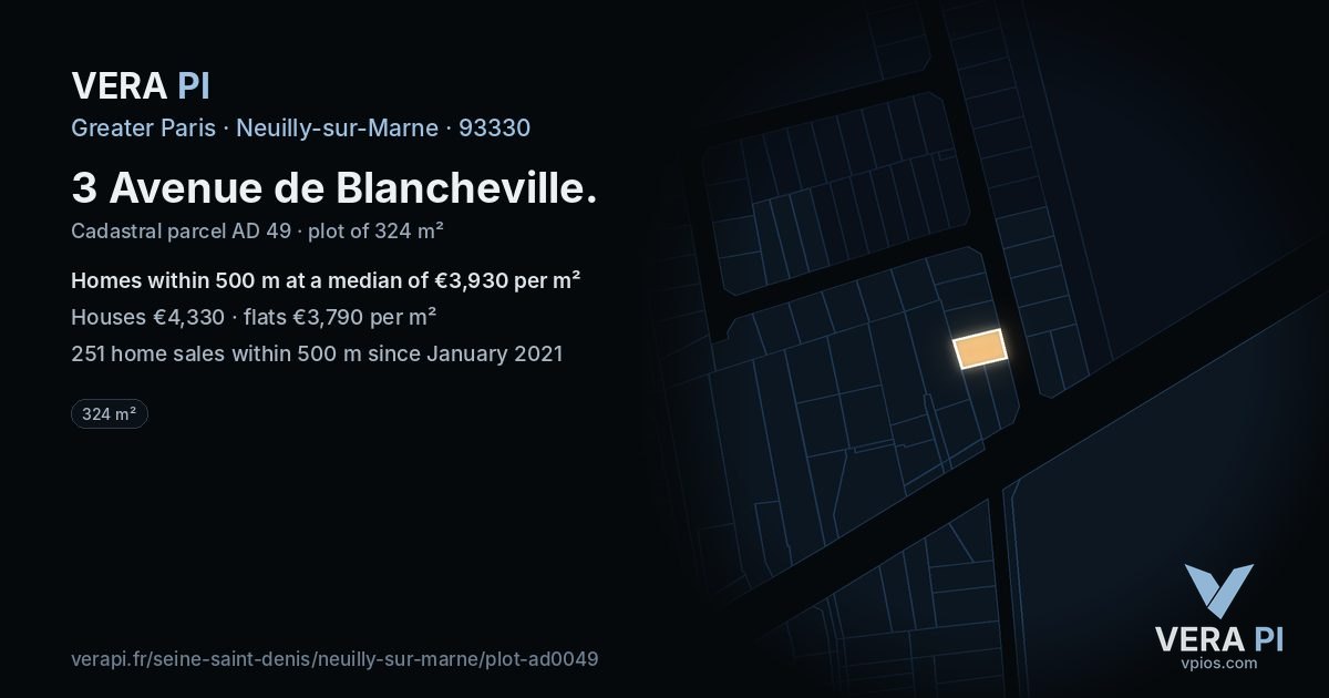 3 Avenue de Blancheville, Neuilly-sur-Marne at night – the plot lit, the parcels around coloured by the prices near them