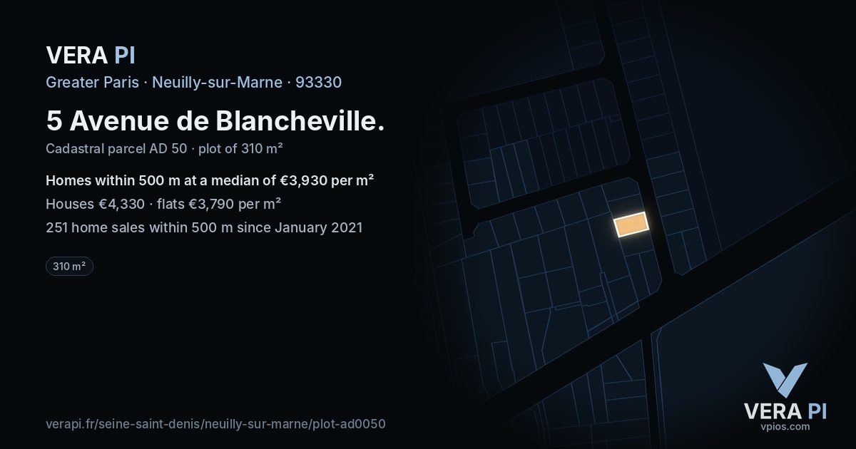 5 Avenue de Blancheville, Neuilly-sur-Marne at night – the plot lit, the parcels around coloured by the prices near them