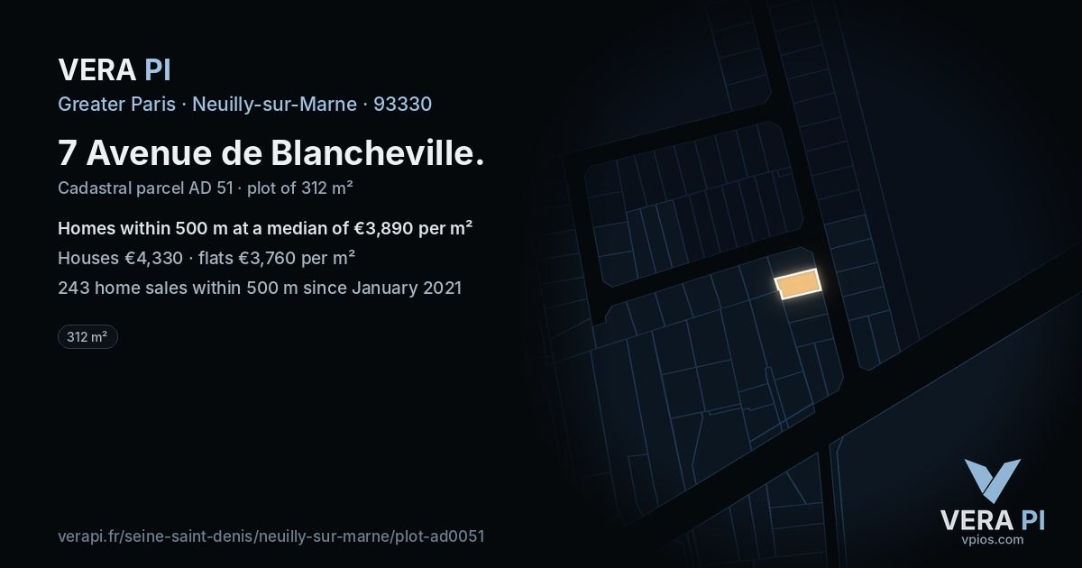 7 Avenue de Blancheville, Neuilly-sur-Marne at night – the plot lit, the parcels around coloured by the prices near them