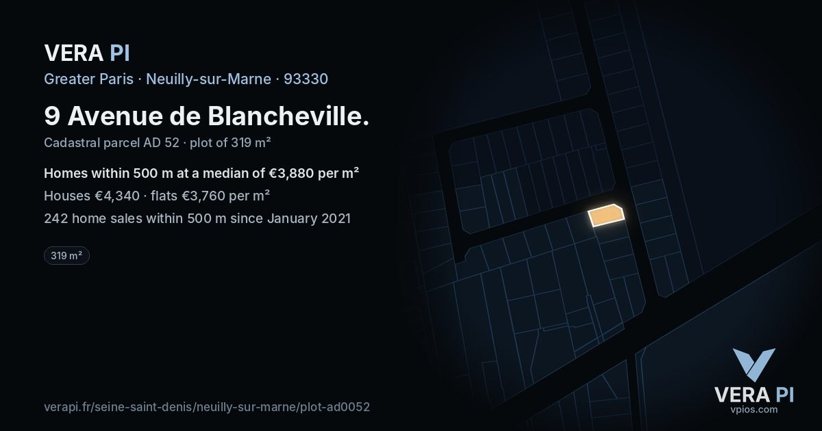 9 Avenue de Blancheville, Neuilly-sur-Marne at night – the plot lit, the parcels around coloured by the prices near them