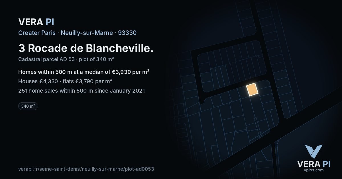 3 Rocade de Blancheville, Neuilly-sur-Marne at night – the plot lit, the parcels around coloured by the prices near them