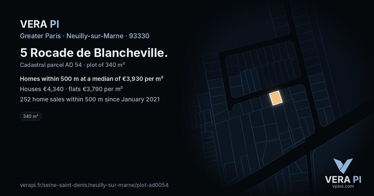 5 Rocade de Blancheville, Neuilly-sur-Marne at night – the plot lit, the parcels around coloured by the prices near them