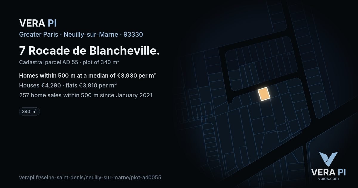 7 Rocade de Blancheville, Neuilly-sur-Marne at night – the plot lit, the parcels around coloured by the prices near them