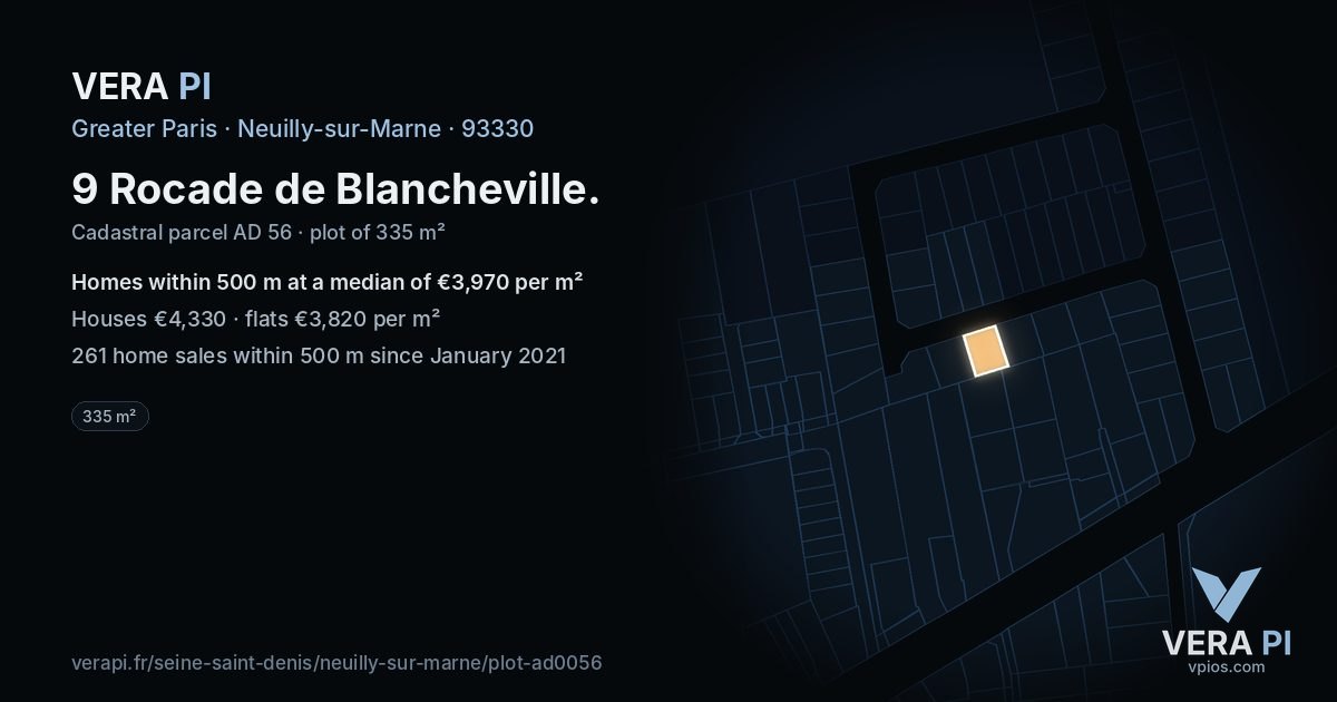 9 Rocade de Blancheville, Neuilly-sur-Marne at night – the plot lit, the parcels around coloured by the prices near them