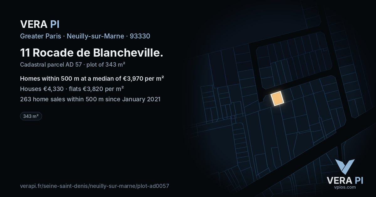 11 Rocade de Blancheville, Neuilly-sur-Marne at night – the plot lit, the parcels around coloured by the prices near them