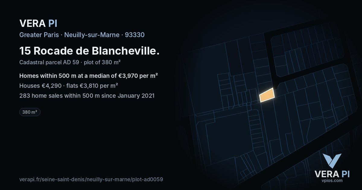 15 Rocade de Blancheville, Neuilly-sur-Marne at night – the plot lit, the parcels around coloured by the prices near them