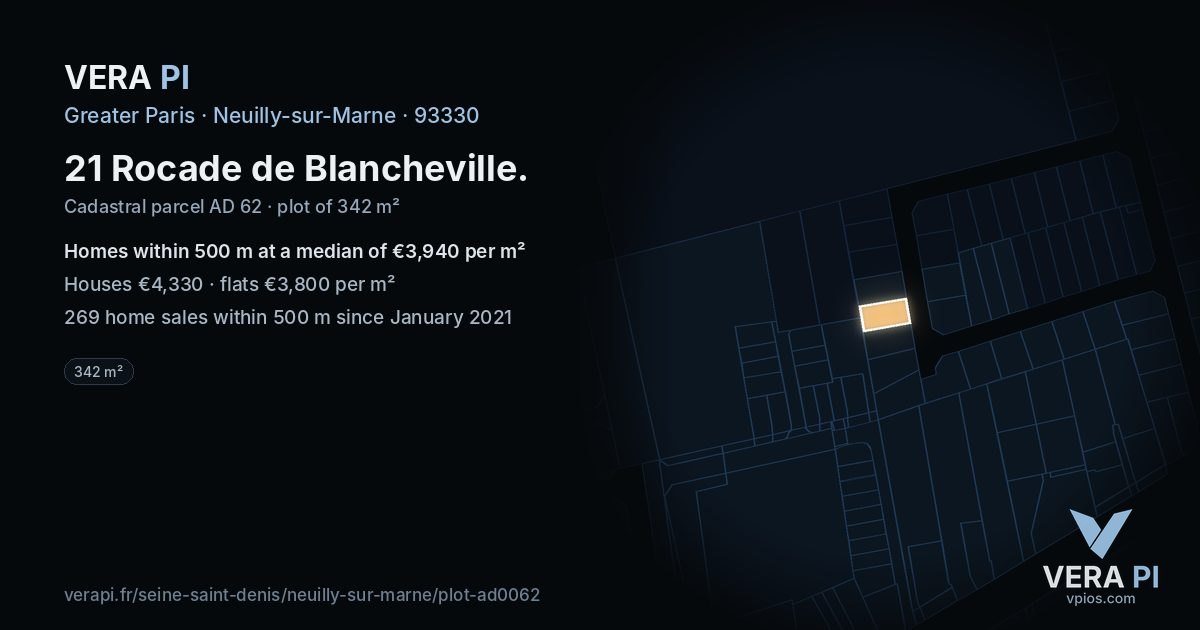 21 Rocade de Blancheville, Neuilly-sur-Marne at night – the plot lit, the parcels around coloured by the prices near them
