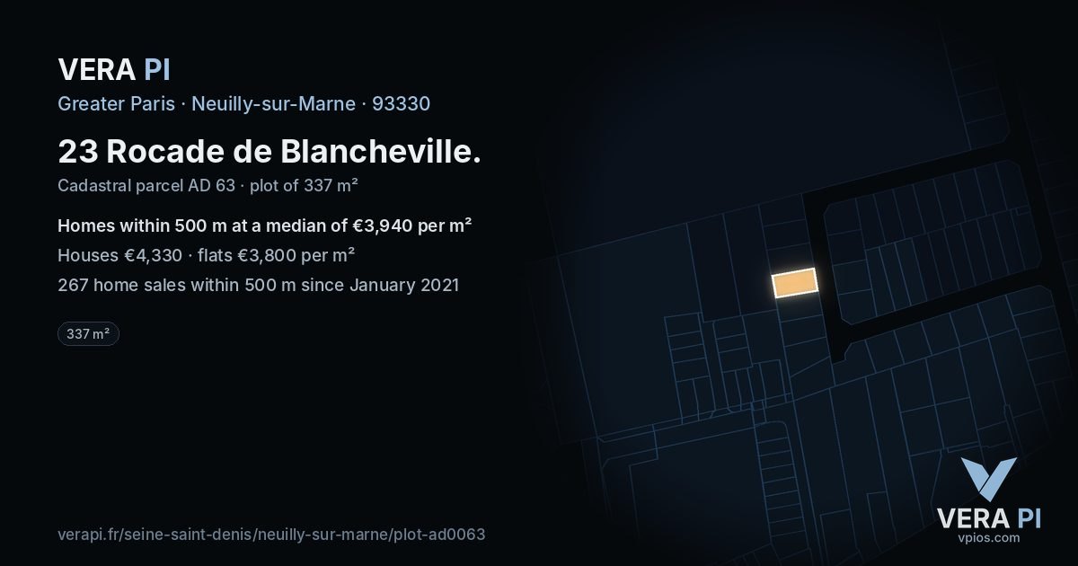 23 Rocade de Blancheville, Neuilly-sur-Marne at night – the plot lit, the parcels around coloured by the prices near them
