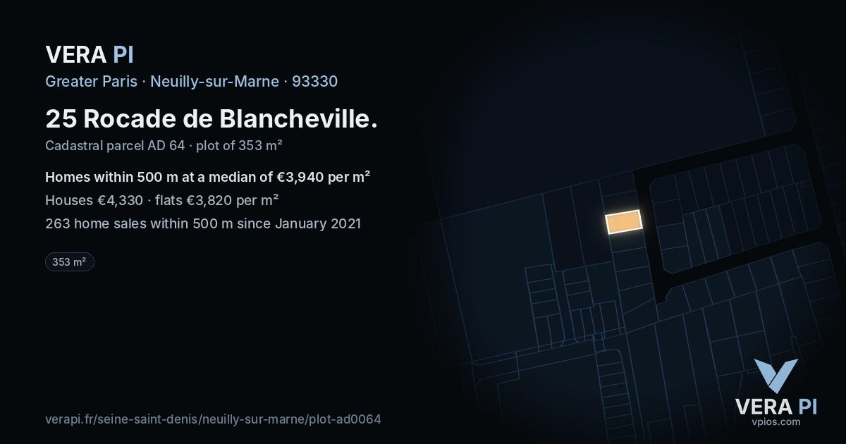 25 Rocade de Blancheville, Neuilly-sur-Marne at night – the plot lit, the parcels around coloured by the prices near them