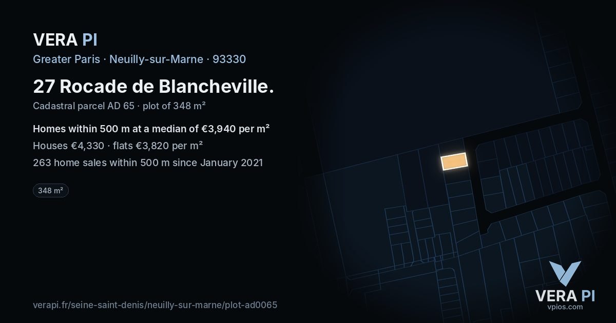27 Rocade de Blancheville, Neuilly-sur-Marne at night – the plot lit, the parcels around coloured by the prices near them