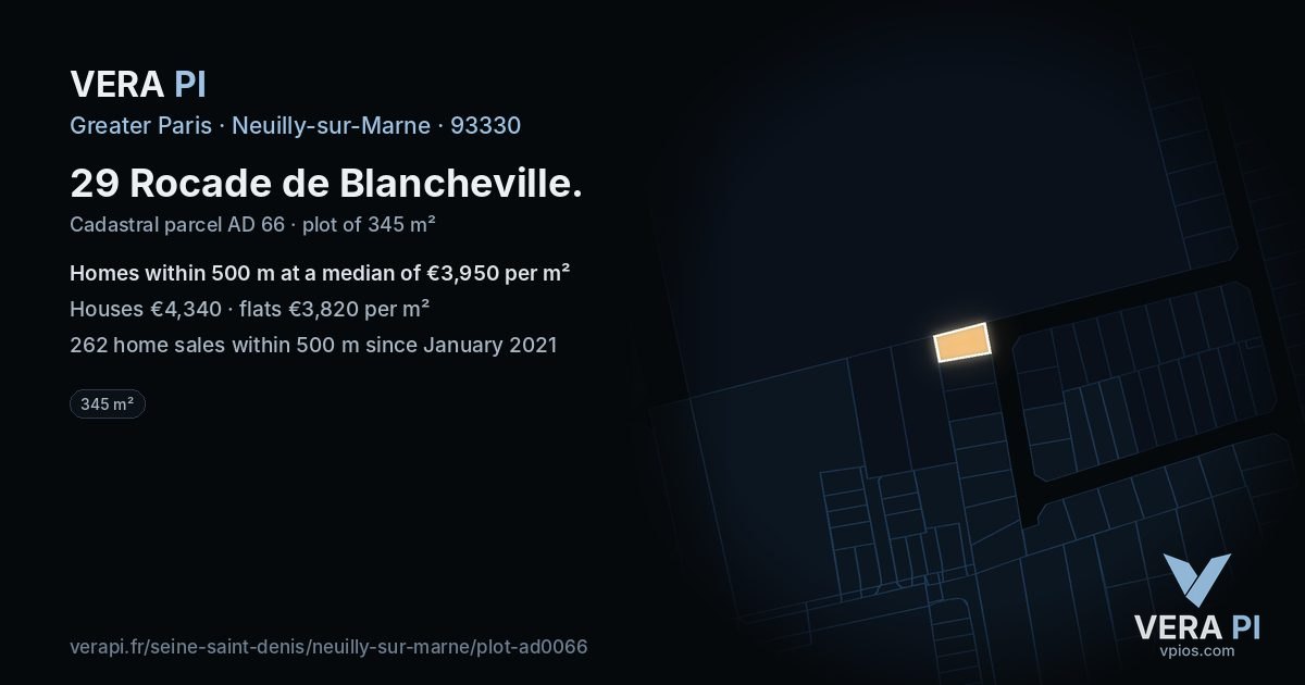 29 Rocade de Blancheville, Neuilly-sur-Marne at night – the plot lit, the parcels around coloured by the prices near them