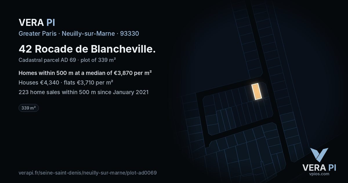 42 Rocade de Blancheville, Neuilly-sur-Marne at night – the plot lit, the parcels around coloured by the prices near them