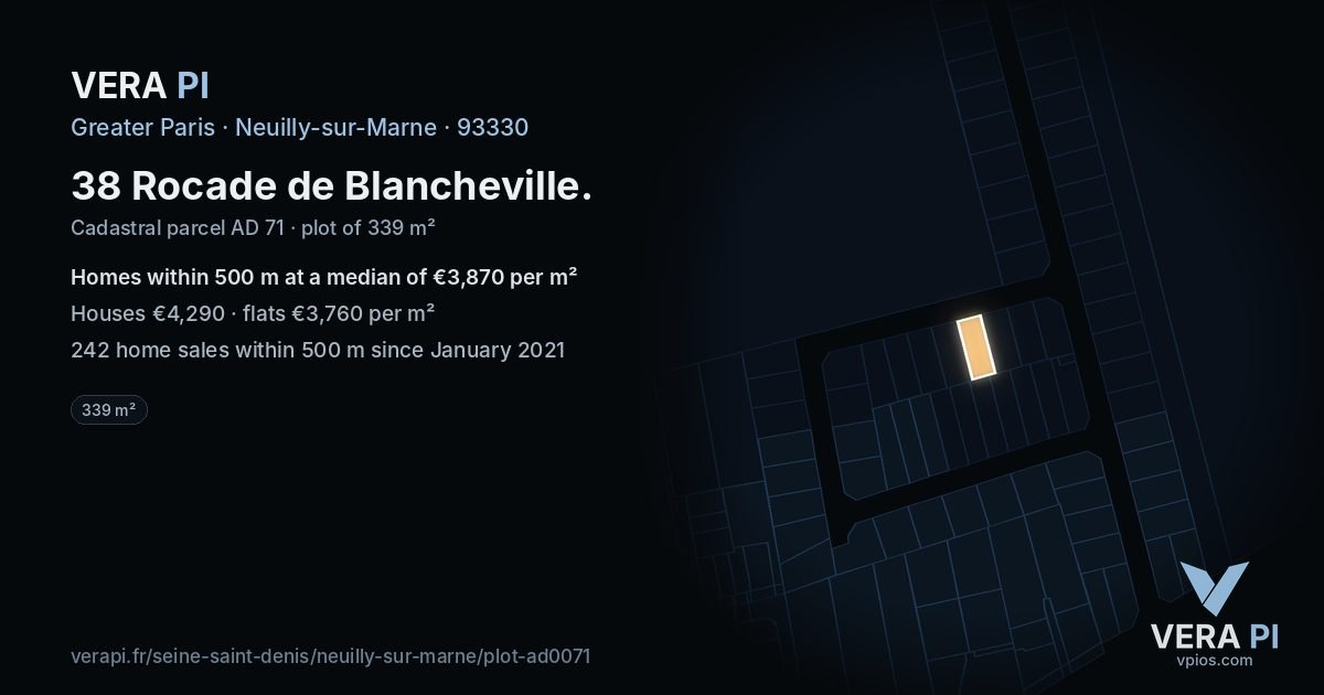 38 Rocade de Blancheville, Neuilly-sur-Marne at night – the plot lit, the parcels around coloured by the prices near them