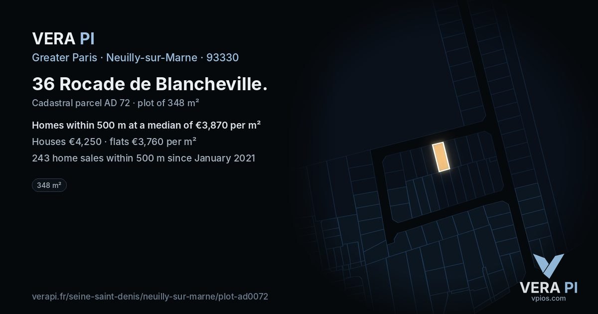 36 Rocade de Blancheville, Neuilly-sur-Marne at night – the plot lit, the parcels around coloured by the prices near them