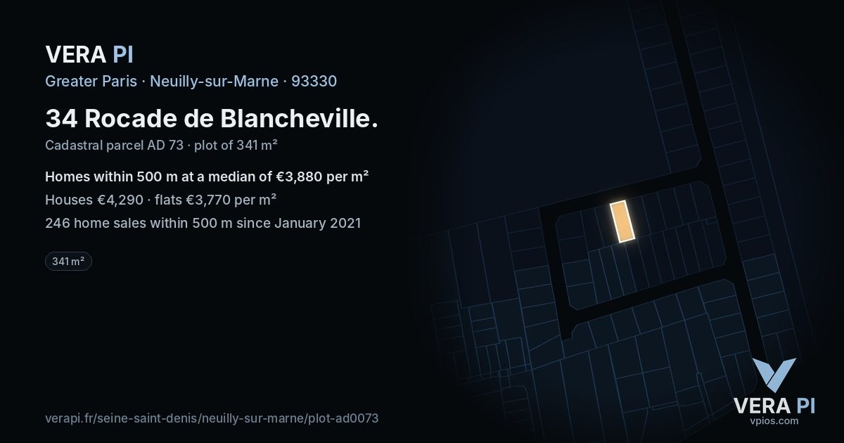 34 Rocade de Blancheville, Neuilly-sur-Marne at night – the plot lit, the parcels around coloured by the prices near them