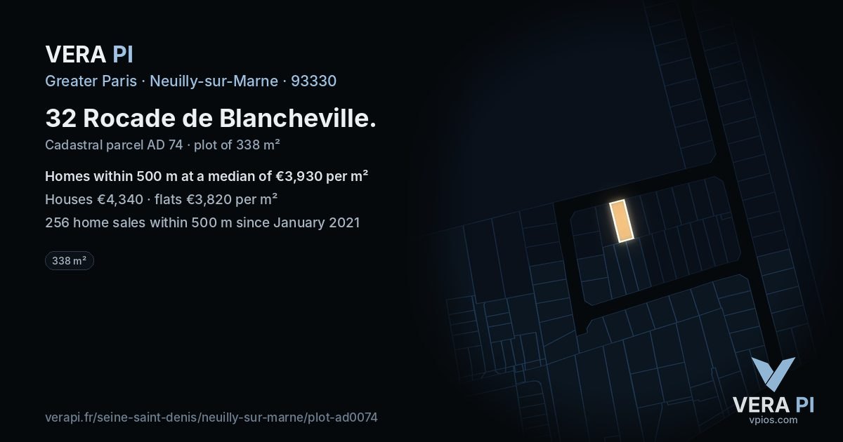 32 Rocade de Blancheville, Neuilly-sur-Marne at night – the plot lit, the parcels around coloured by the prices near them